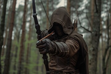 Fototapeta premium Hooded archer in the forest, fantasy concept.