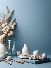 still life featuring a Minimalist ceramic jars and dried flowers on a blue background.