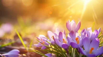 Fotobehang beautiful spring background with crocus flowers and sunspikes © David Kreuzberg