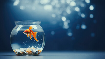 Goldfish in a glass bowl on a blue background with bokeh