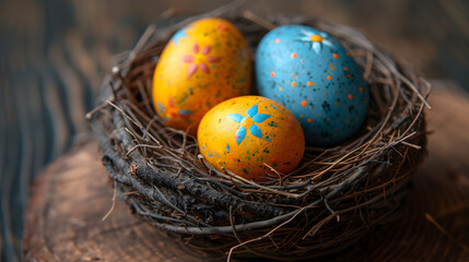 Naklejka na ściany i meble Three Painted Eggs in a Birds Nest on a Wooden Table