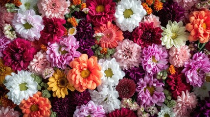 flowers wall background with multiple colored chrysanthemum flowers, top view background for wedding, birthday or event days