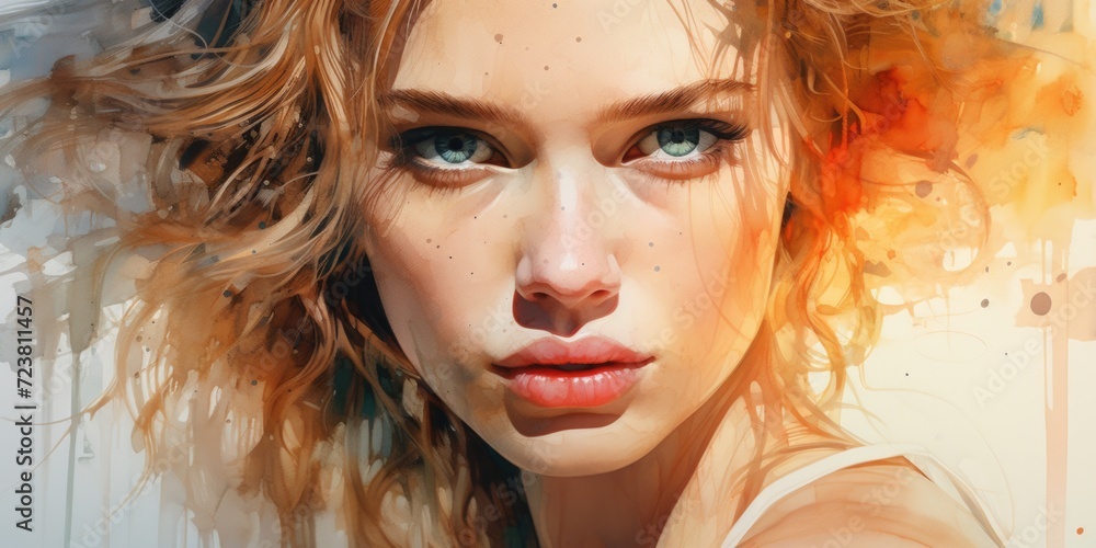 Poster a captivating painting of a woman with vibrant red hair. perfect for adding a touch of elegance and 