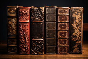 Notebooks standing side by side on dark background old patterns and colors. Generative ai