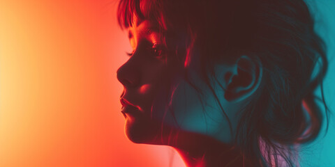 Silhouette of a young girl against a vivid red and blue background, creating a mystical aura