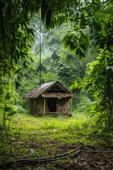 Simple old wooden hut in the middle of a jungle.