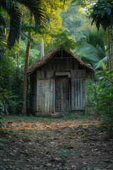 Fototapeta na wymiar Simple old wooden hut in the middle of a jungle.