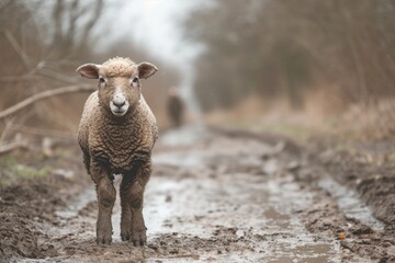 Little sheep covered in mud, sheepherder in the background.