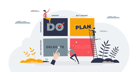 Priority matrix with important and urgent task management tiny person concept, transparent background.Framework for effective time management and essential work productivity model illustration.