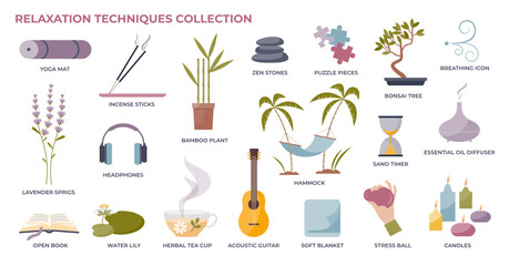 Relaxation techniques or equipment for wellness in tiny person collection set, transparent background. Elements for calm and peaceful activities to get inner harmony and mindfulness illustration.