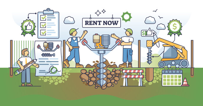 Post hole digger rental service for land drilling tasks outline concept, transparent background. Professional heavy machinery rent option for land, ground or soil work illustration.