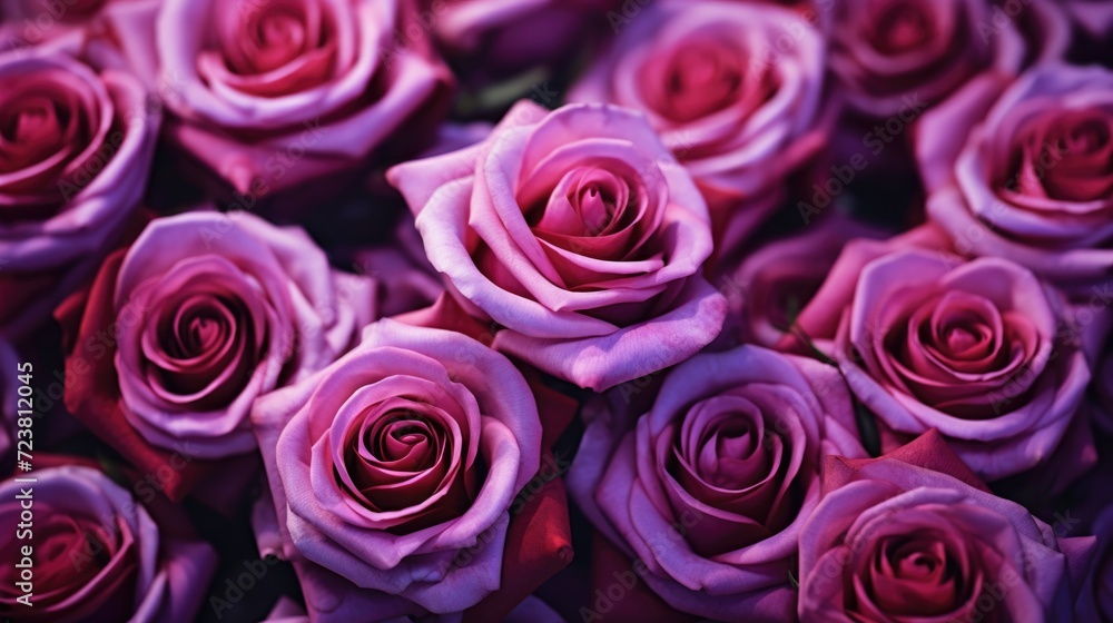 Poster a close-up view of a bunch of pink roses. this image captures the delicate beauty and vibrant color 