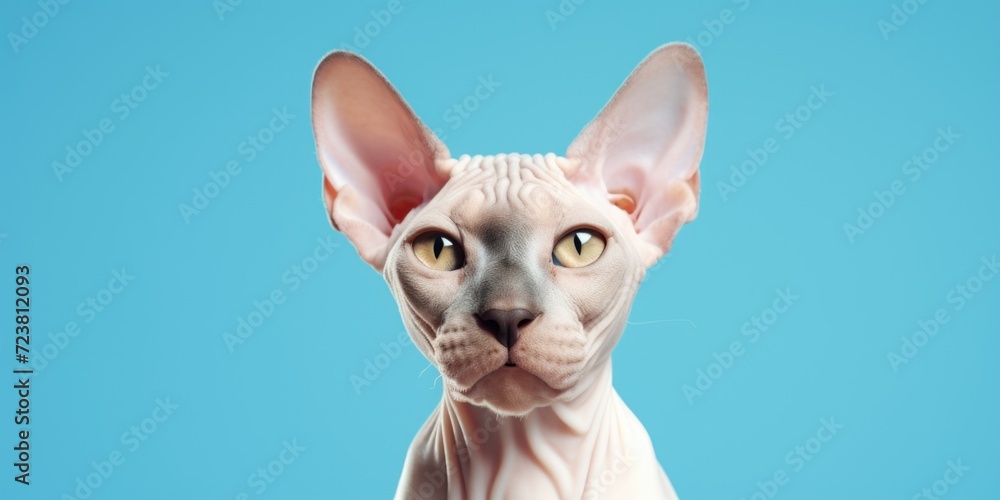 Poster a close-up photograph of a cat against a vibrant blue background. this image can be used to add a po