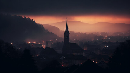 Obraz premium church in the night fog in the European mountains landscape panoramic view