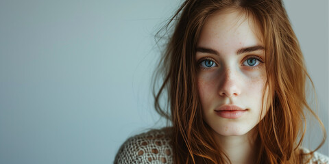Youthful redhead with freckles and striking blue eyes, conveying depth in a minimalist light blue space - obrazy, fototapety, plakaty