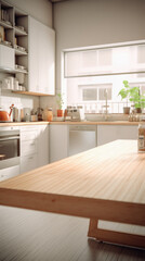Wooden table in modern kitchen interior. Blurred background. Toned .