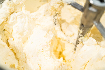 Creamy Buttercream Frosting Whipped in Stand Mixer Bowl