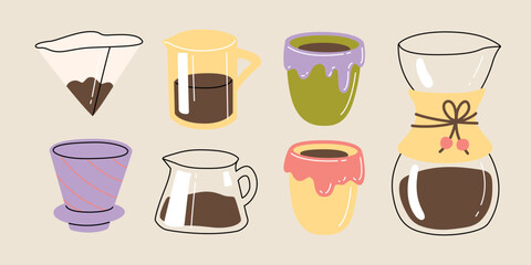 Vector hand painted specialty coffee illustration alternative preparing method. Cute flat simple hand drawn icon collection