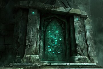 Stone monument with emeralds in a forest, fantasy concept.