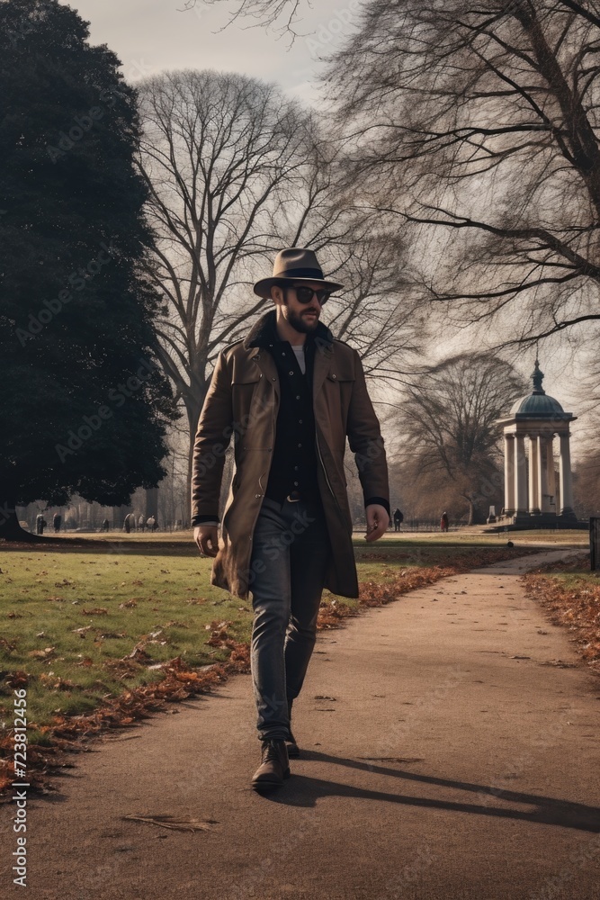 Poster a man is seen walking down a path in a park. this image can be used to depict leisure activities or 