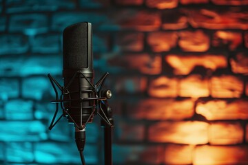 Studio microphone in room with neon lights, brick wall in background, entertainment and podcast concept.