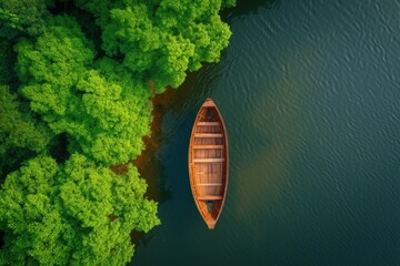 Top view of a river in the middle of the forest and a wooden boat.