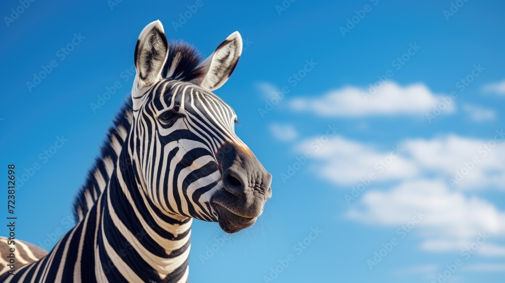 Poster close up of a zebra's face with a beautiful blue sky as the backdrop. perfect for wildlife enthusias