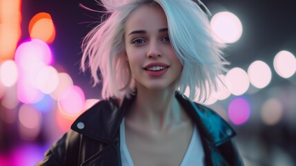 Pale skin with neon white hair girl, jumping of joy and happiness expression, pop haircut