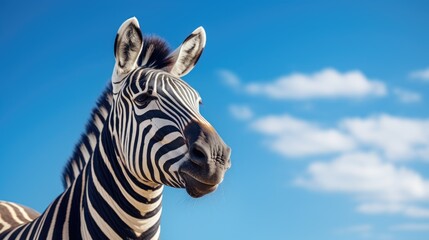 Close up of a zebra's face with a beautiful blue sky as the backdrop. Perfect for wildlife enthusiasts and animal-themed projects