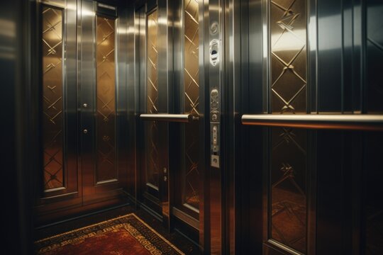 A picture of an elevator with two doors and a carpet on the floor. This image can be used to showcase modern building interiors or to illustrate the concept of transportation