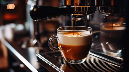 Coffee machine making cappuccino in coffee shop, close up