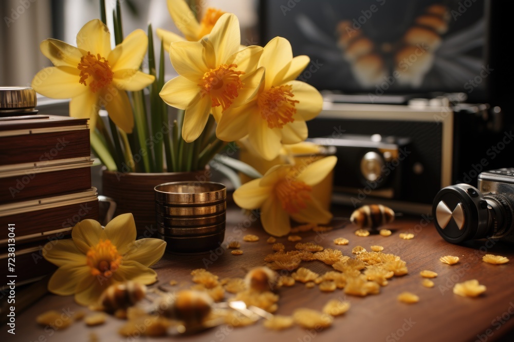 Poster a bunch of yellow flowers sitting on top of a wooden table. perfect for adding a pop of color to any
