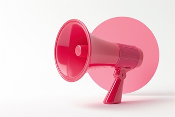 Megaphone in a pink circle, advertising and sales concept, white background.