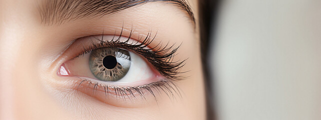 Close up shot of beautiful female eye with makeup and long eyelashes . - obrazy, fototapety, plakaty