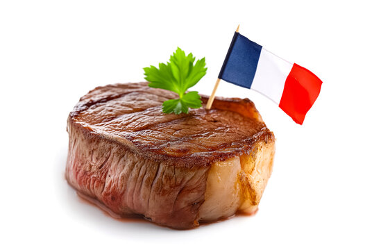 un pav&eacute; de b&oelig;uf avec un drapeau Fran&ccedil;ais plant&eacute; dedans - fond blanc