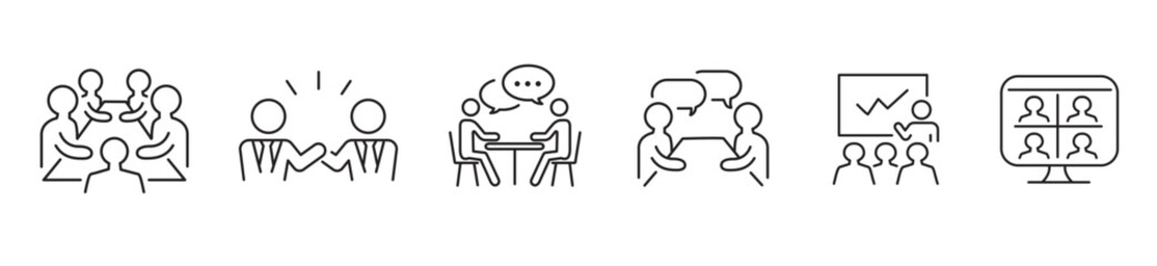 Meeting Meet Conference Brainstorm Team Work Business editable stroke icons set collection vector