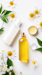 Cosmetic products with chamomile flowers on a white background