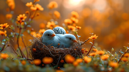 Two Blue Birds Sitting on Top of a Nest