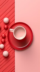 A red cup of coffee on a plate is located on a pink background with decorative balls. Concept: advertising cafes, restaurants or as a creative background for design projects
