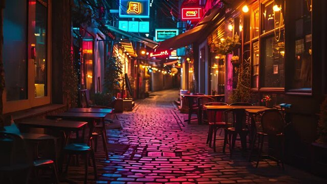 A cobblestone alley lined with trendy coffee shops and restaurants lit up by neon lights in various shapes and colors.