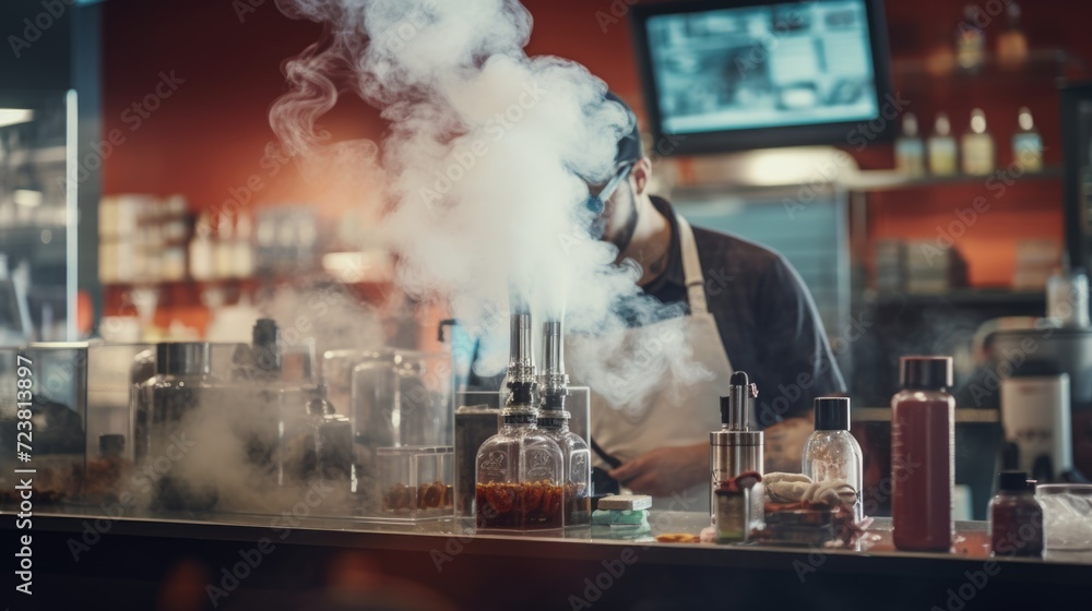 Poster A man is standing behind a counter filled with numerous bottles. This image can be used to depict a bartender, a liquor store, or a wine tasting event