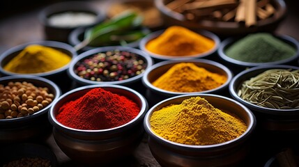 Vibrant close up of colorful spices and herbs with dynamic lighting and textures