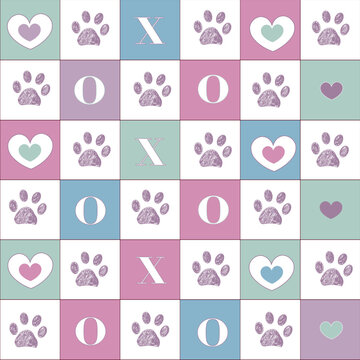 Cute plaid pink, blue and green pastel colored hearts with oxxo text pattern with paw prints