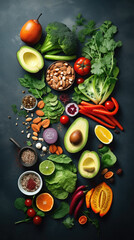 Fototapeta na wymiar Healthy food clean eating selection. Fruits, vegetables, seeds and superfoods. Balanced diet. Top view .
