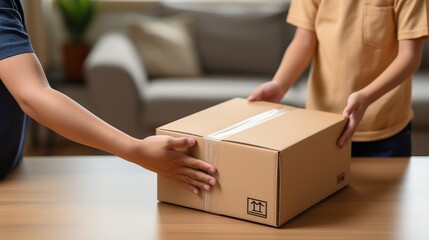 Woman joyfully accepting a box delivery from a friendly deliveryman at the doorstep