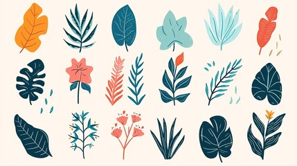 Simple Abstract hand drawn various shapes and doodle Botanical Nature flowers and Leaves objects contempo,rary modern trendy vector Illustration elements. ,generative ai