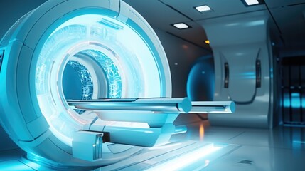 A picture of an MRI room illuminated with a bright blue light. This image can be used to showcase medical technology and diagnostic procedures