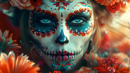 Dia de los muertos. Day of The Dead. Woman with sugar skull makeup on a floral background. Calavera Catrina. Halloween. Generative Ai