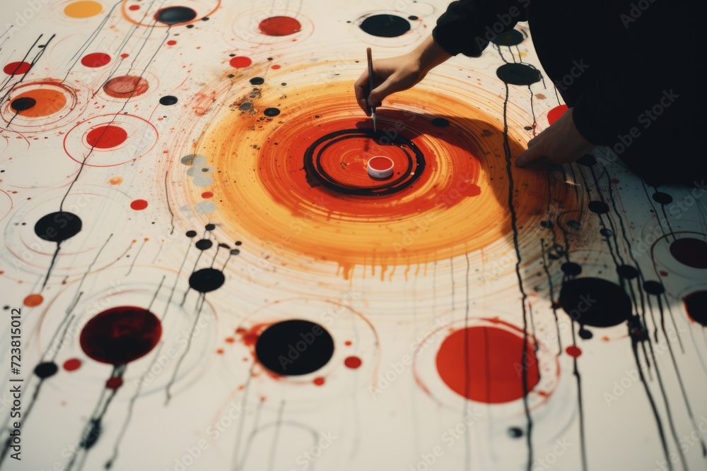 Aufkleber A person is seen painting on a table using a brush. This image can be used for various creative projects and art-related themes