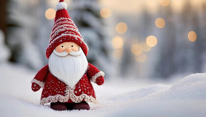 A Christmas gnome from Swedish Scandinavian folklore in Santa Claus cloth. Snow background with copy space for Text. Santa Clause doll.